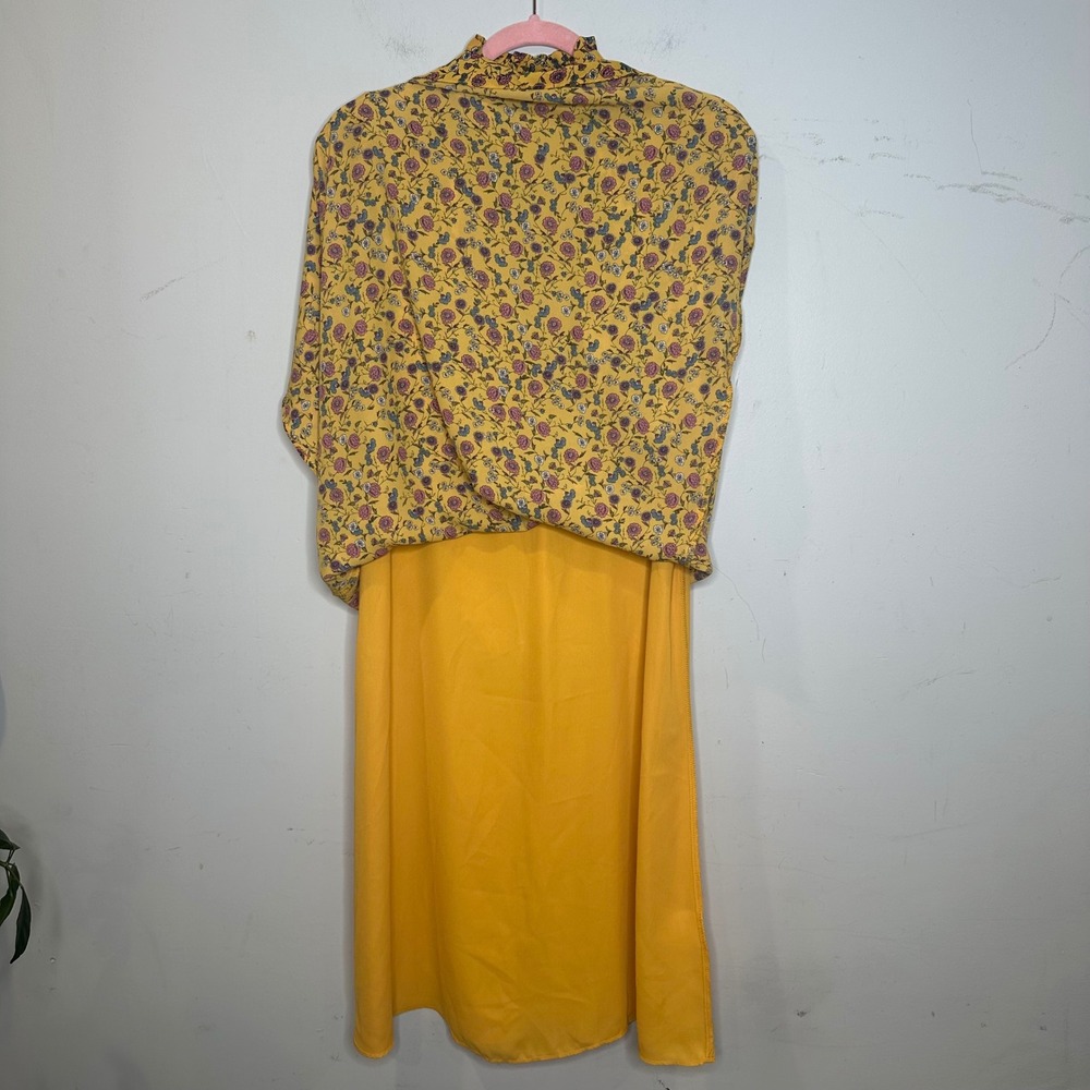 Donna Morgan Yellow Floral Midi Dress Velvet Tie Neck Ruffle Flutter Sleeve 4 - Picture 6 of 9